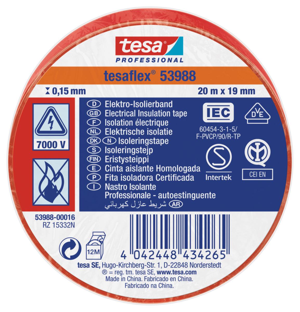 Sähköeristysteippi Tesa 53948 - SÄHKÖERISTYSTEIPPI PVC TESA 53988 PUNAINEN 20MX19MM