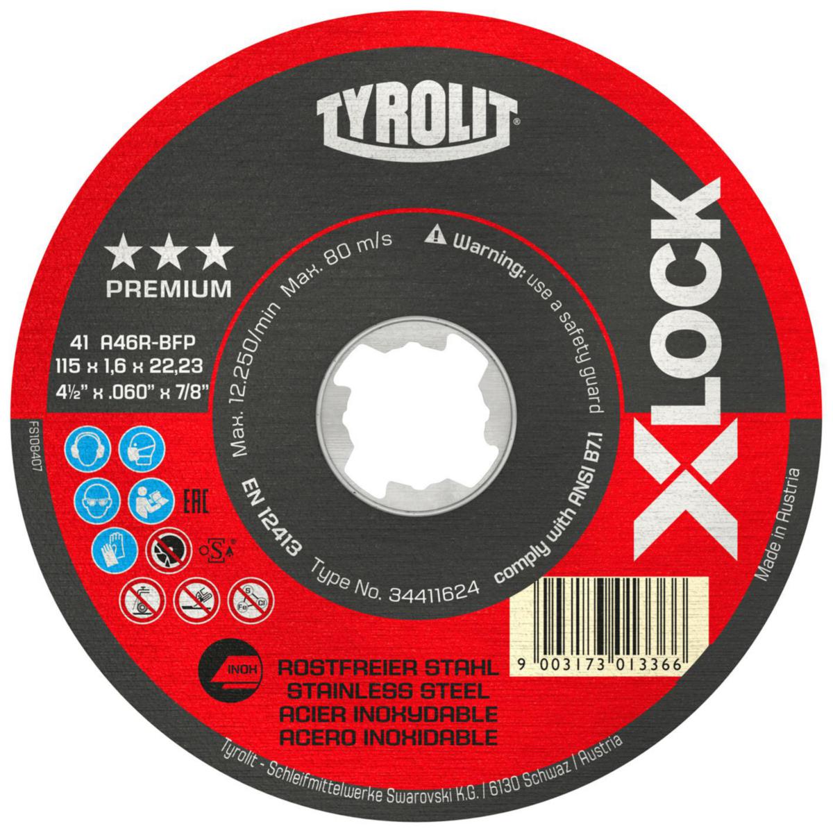 Katkaisulaikka Tyrolit Premium*** X-Lock Inox RST kulmahiomakoneeseen - KATKAISULAIKKA X-LOCK TYROLIT PREM INOX 115X1.6X22