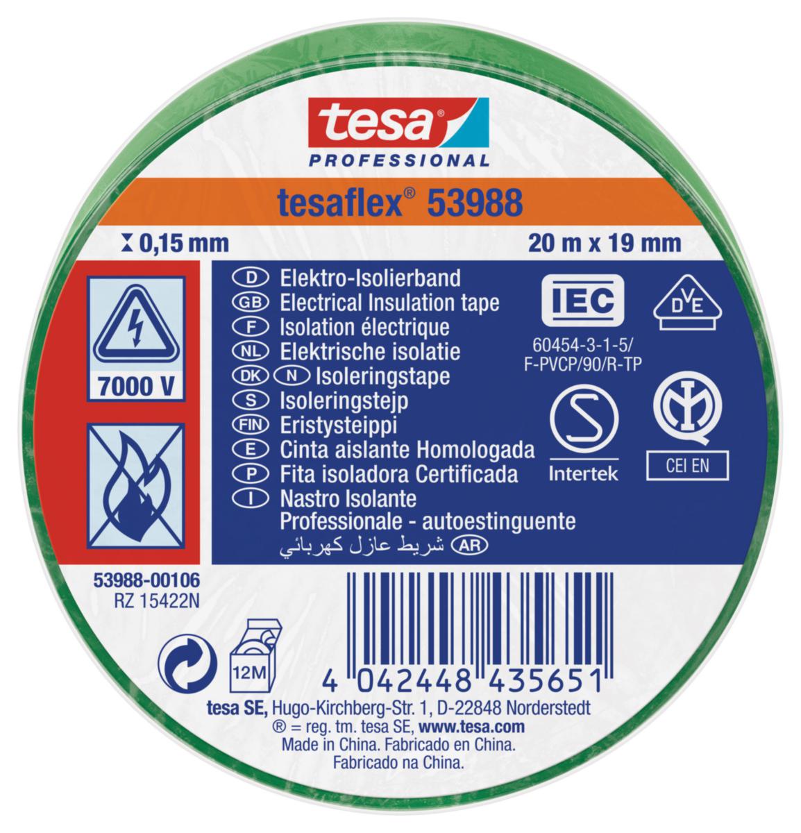 Sähköeristysteippi Tesa 53948 - SÄHKÖERISTYSTEIPPI PVC TESA 53988 VIHREÄ 20MX19MM
