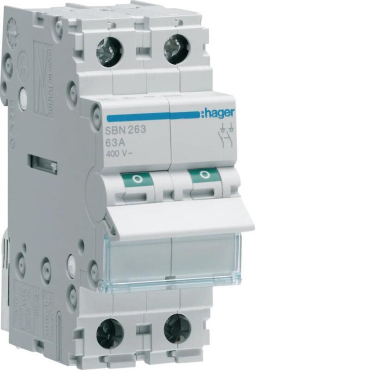 Modulaariset kuormankytkin Hager 2-napainen - KUORMANKYTKIN VIPU HAGER SBN263 0-1 2N 63A 400VAC DIN
