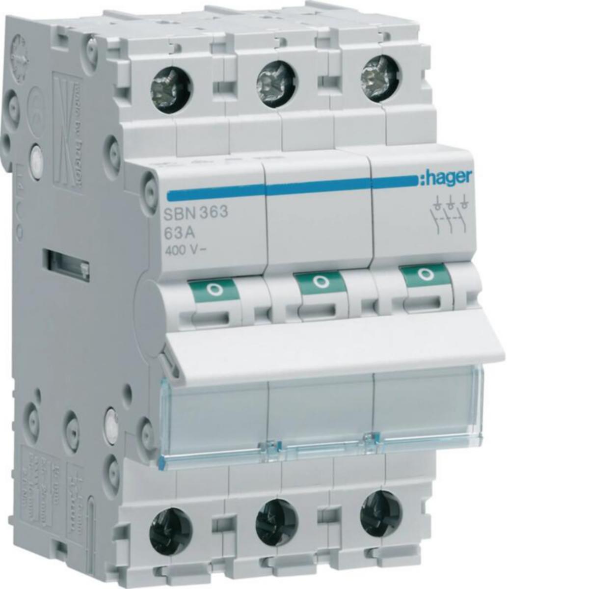 Modulaariset kuormankytkin Hager 3-napainen - KUORMANKYTKIN VIPU HAGER SBN363 0-1 3N 63A 400VAC DIN
