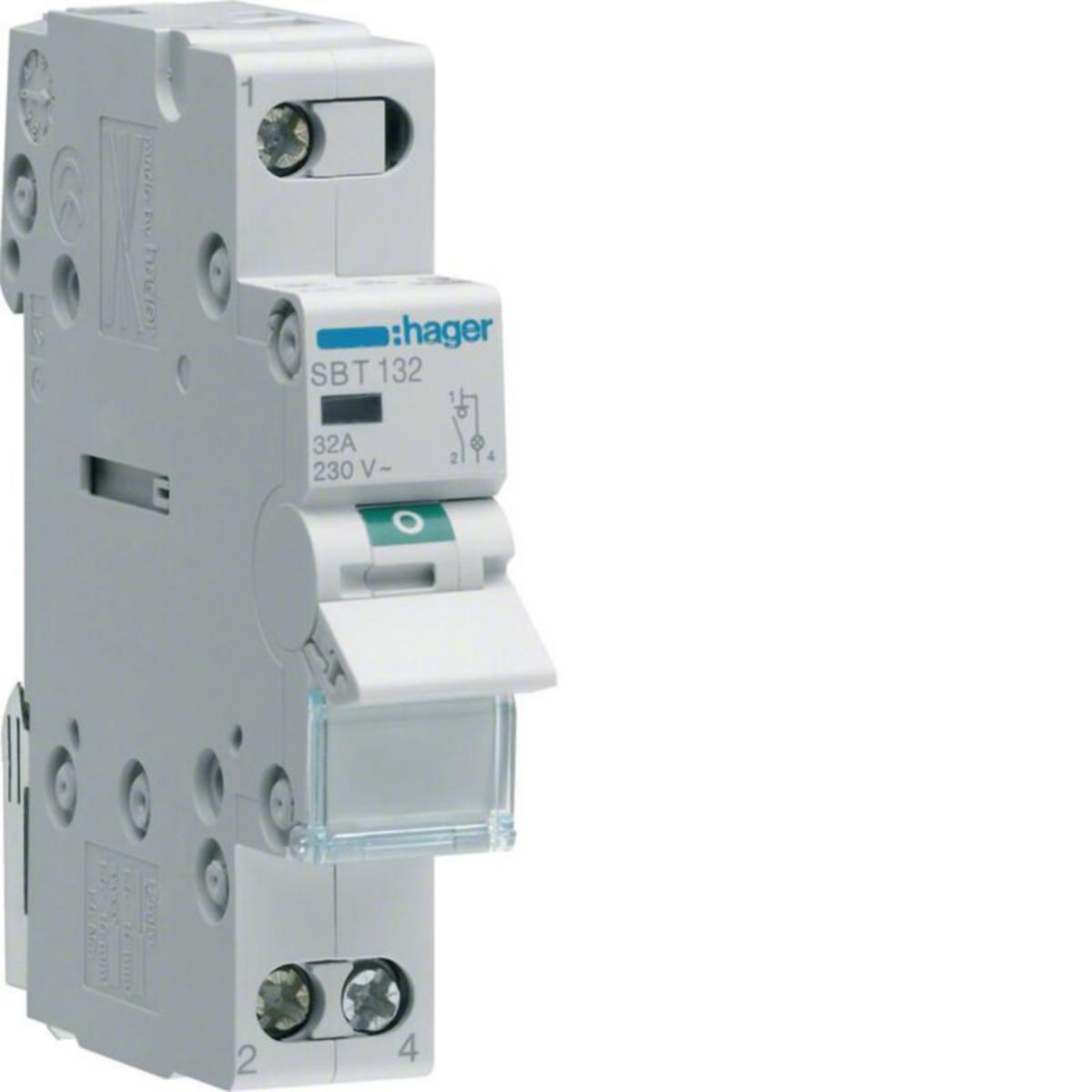Modulaariset kuormankytkin Hager merkkivalolla 1-nap yläl. - KUORMANKYTKIN VIPU HAGER SBT132 0-1 1N 32A 230VAC MV