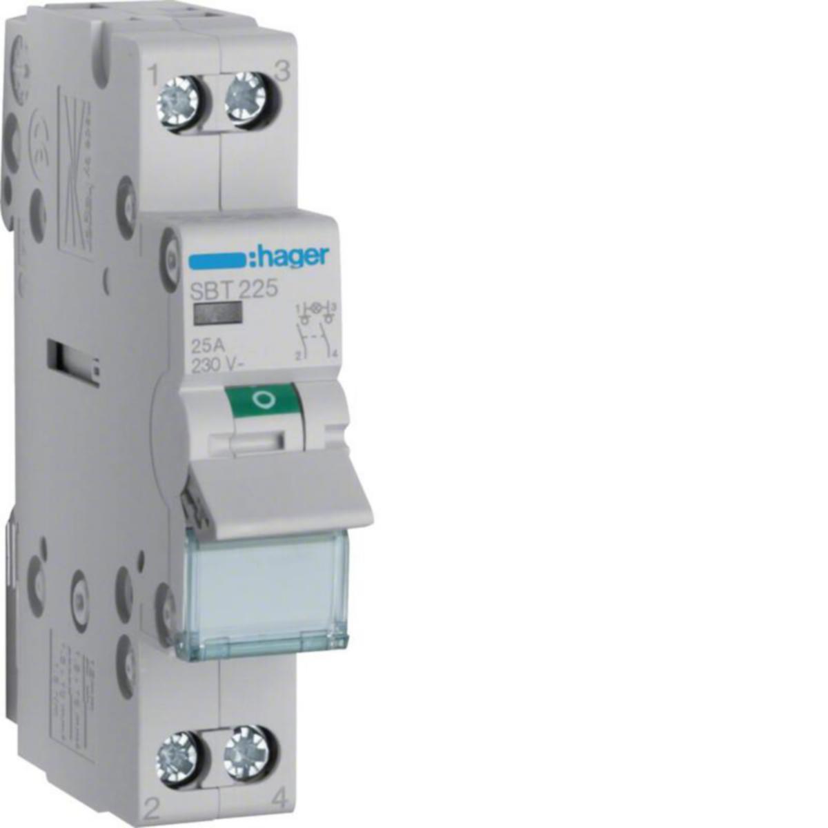 Modulaariset kuormankytkin Hager merkkivalolla 2-nap yläl. - KUORMANKYTKIN VIPU HAGER SBT225 0-1 2N 25A 230VAC MV