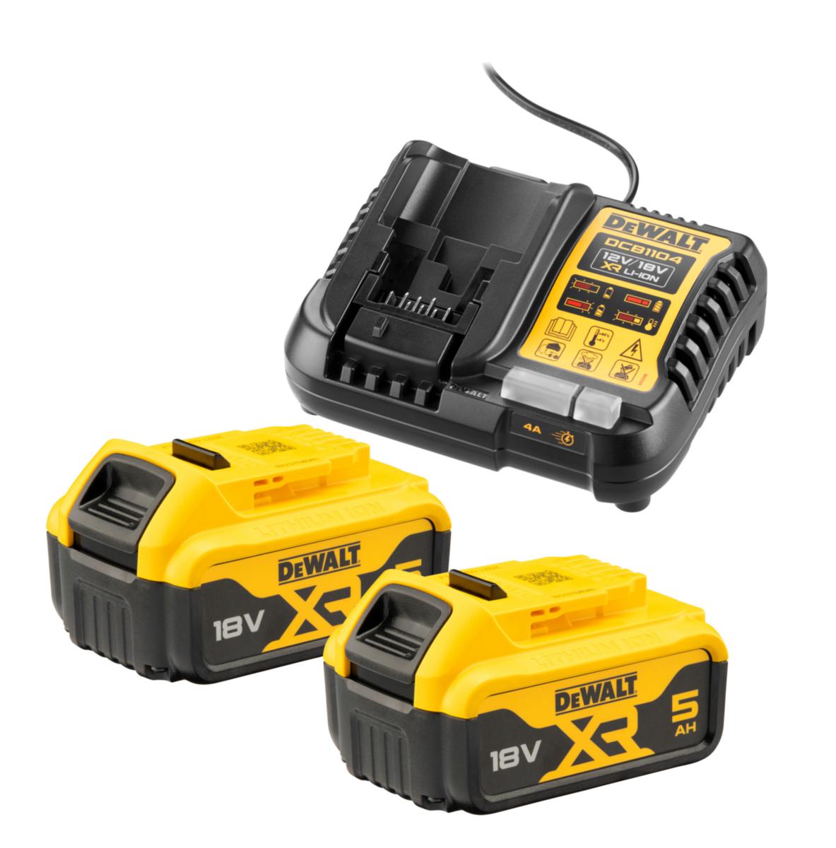 Akkupaketti Dewalt DCB1104P2 - ALOITUSPAKKAUS DEWALT 18V XR 2X5,0AH + LATURI