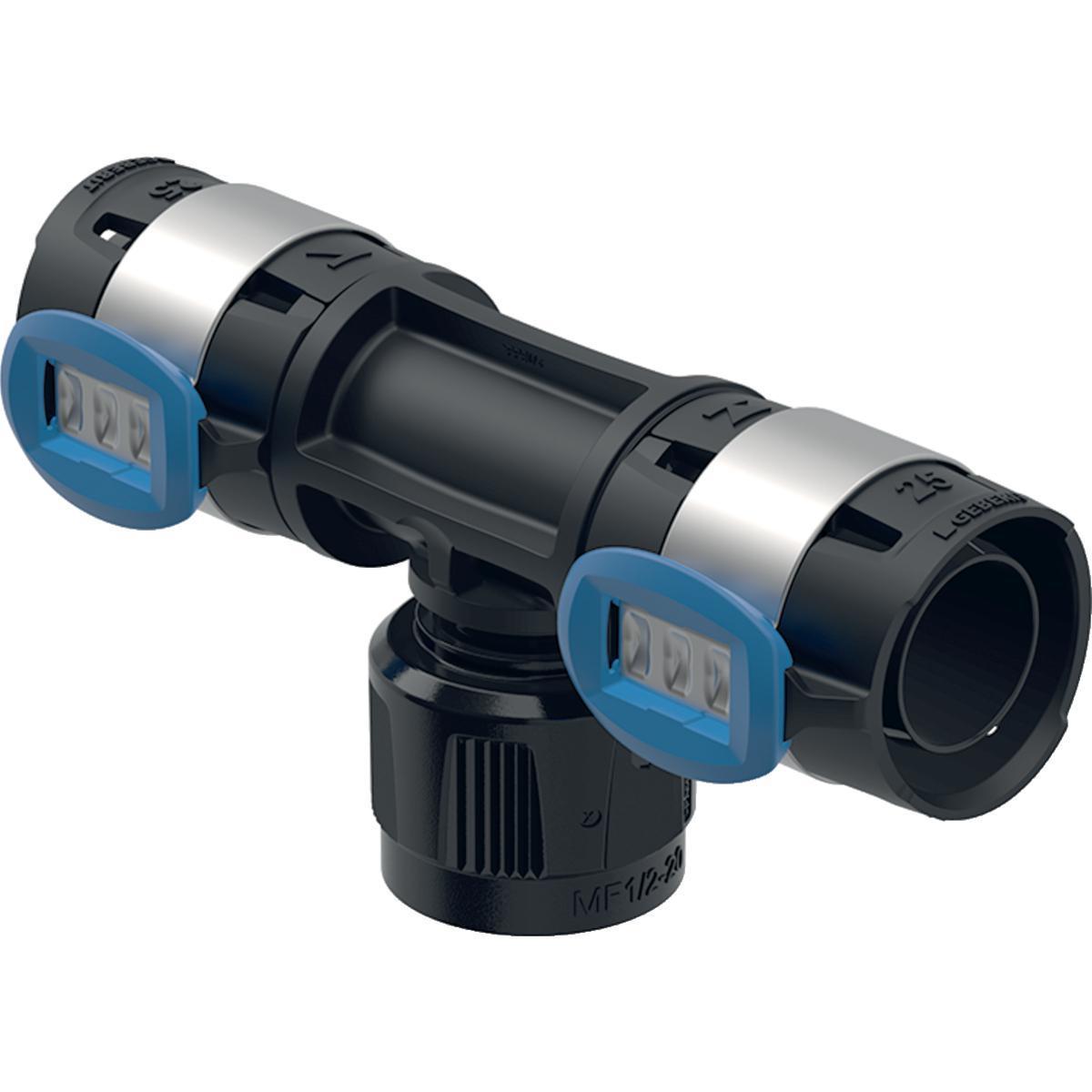 T-haara Geberit FlowFit MasterFix-sovittimella, läpivirtaus - PURISTUSLIITIN ADAPTERI T-HAAR D=16MM, RPMF=1/2", D1=16MM