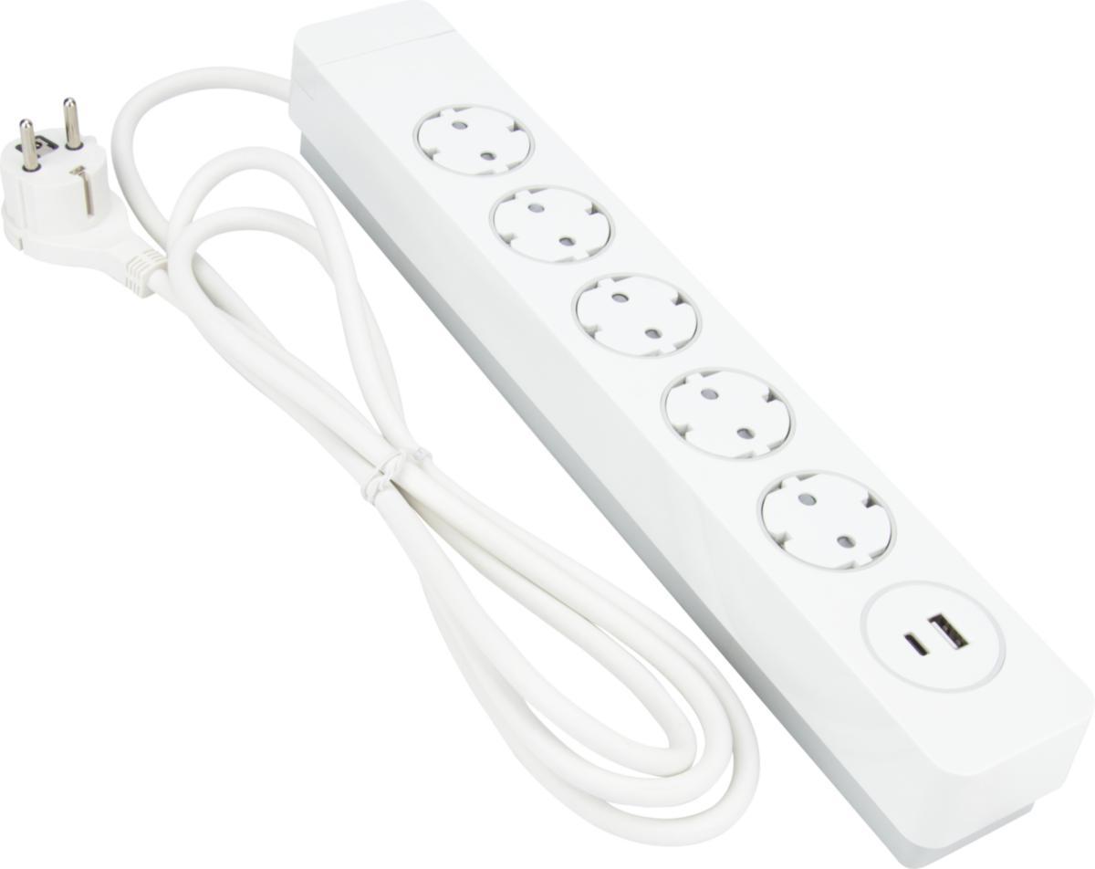 Jatkojohto Pure Push, kombi, maadoitettu suko + USB-A + USB-C, kytkimellä - JATKOJOHTO 5+1+1 KOMB 2M VALK PURE PUSH 5xSUKO+1USB-A+1USB-C