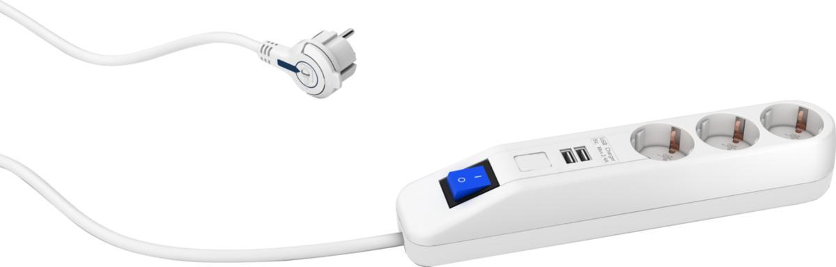 Jatkojohto, kombi, maadoitettu suko + USB-A, kytkimellä - JATKOJOHTO 3+2 KOMBI 3M KYTKIN VALK 3xSUKO + 2xUSB-A