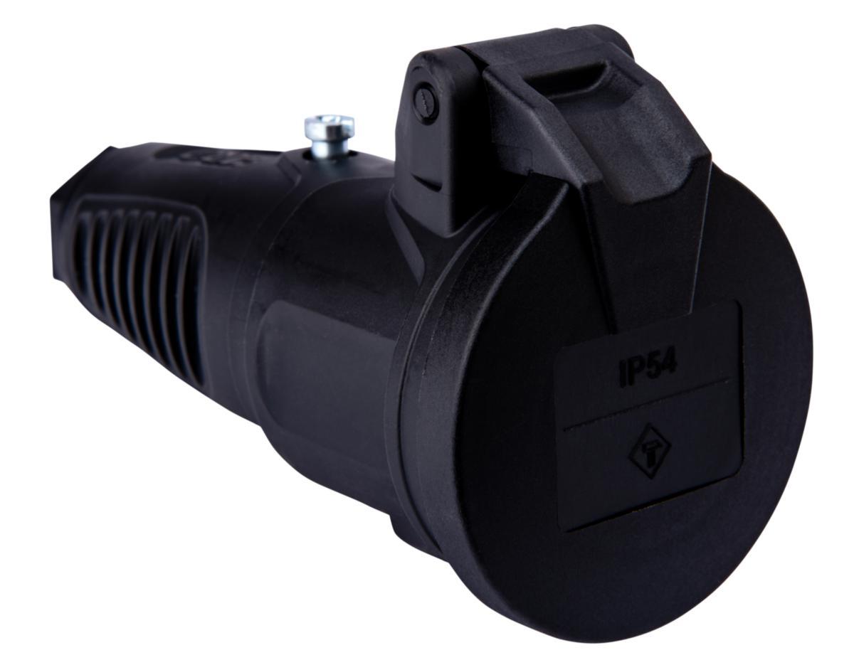 Jatkopistorasia kannella, maadoitettu, IP44 - JATKOPISTORASIA MAAD MUSTA JOUSITETULLA KANNELLA IP44