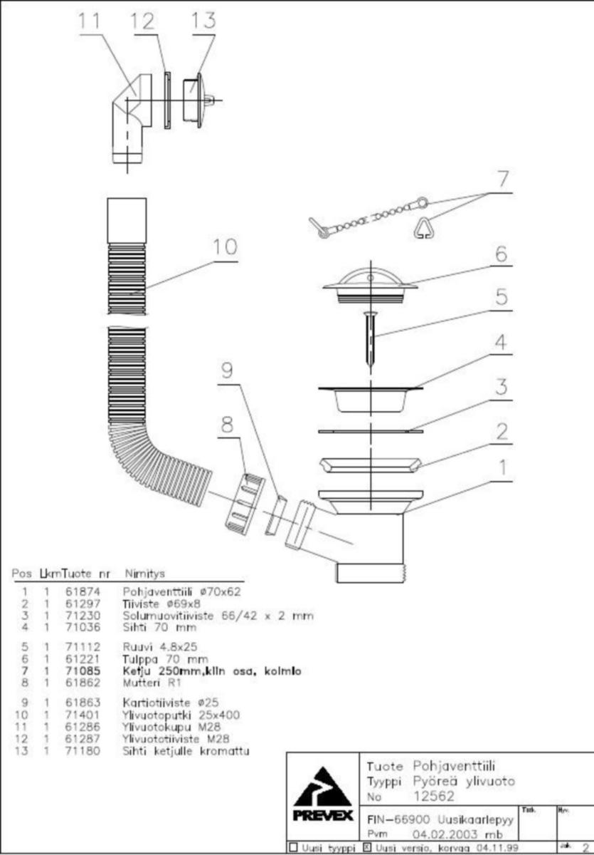 Pohjaventtiili 1 1/2" tulpalla - POHJAVENTTIILI 1 1/2 TULPALLA KETJU+YLIVUOTO PREVEX 12562