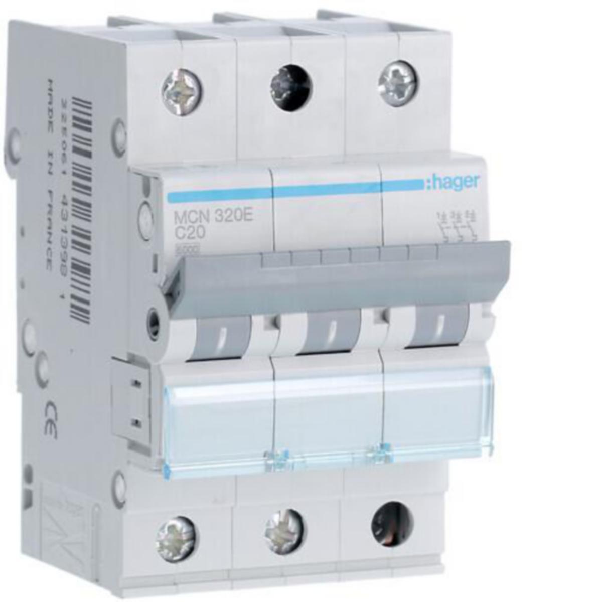 Johdonsuojakatkaisija Hager MCN C-käyrä 3-nap - JOHDONSUOJAKATKAISIJA HAGER MCN320E 3x20A C-KÄYRÄ 6kA