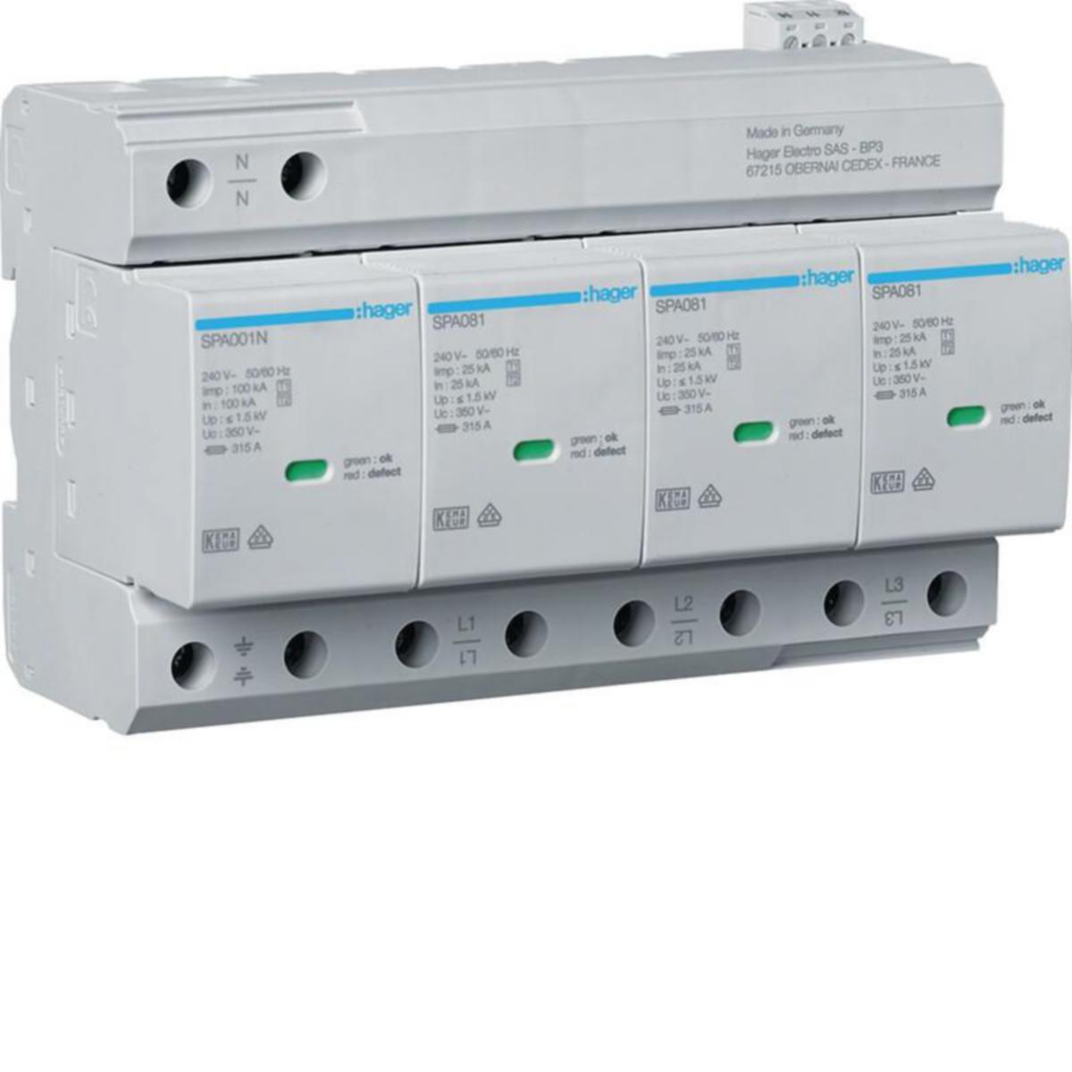 Ylijännitesuoja kiinteistö Hager - YLIJÄNNITESUOJA KIINT. HAGER SPA801 4N T1+T2 1.5KV 100KA HL