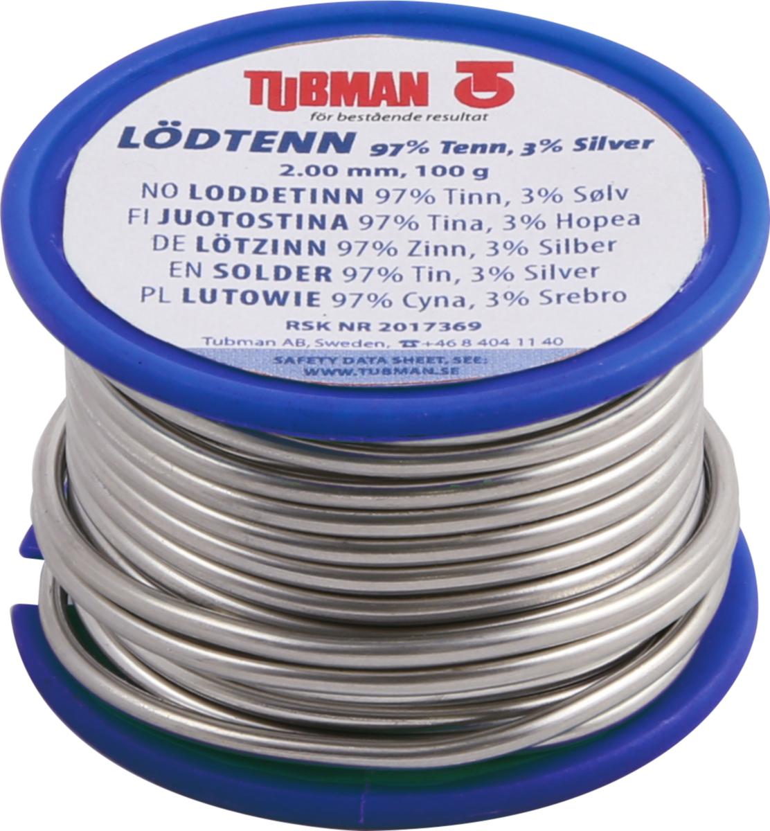 Juotostina/pehmeäjuote, 97 % tinaa / 3 % hopeaa, Tubman - U$JUOTOSTINA/HOPEA 2MM 100G 97 TINA 3 HOPEA TUBMAN