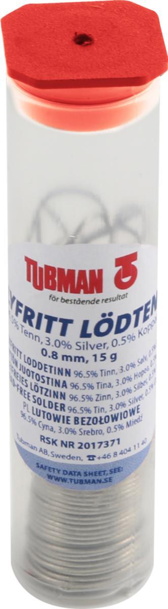 Juotostina, lyijytön, 15 g, Tubman - JUOTOSTINA 0.8MM 15G 96.5 TINA 3.0 HOPEA 0.5 KUPARI