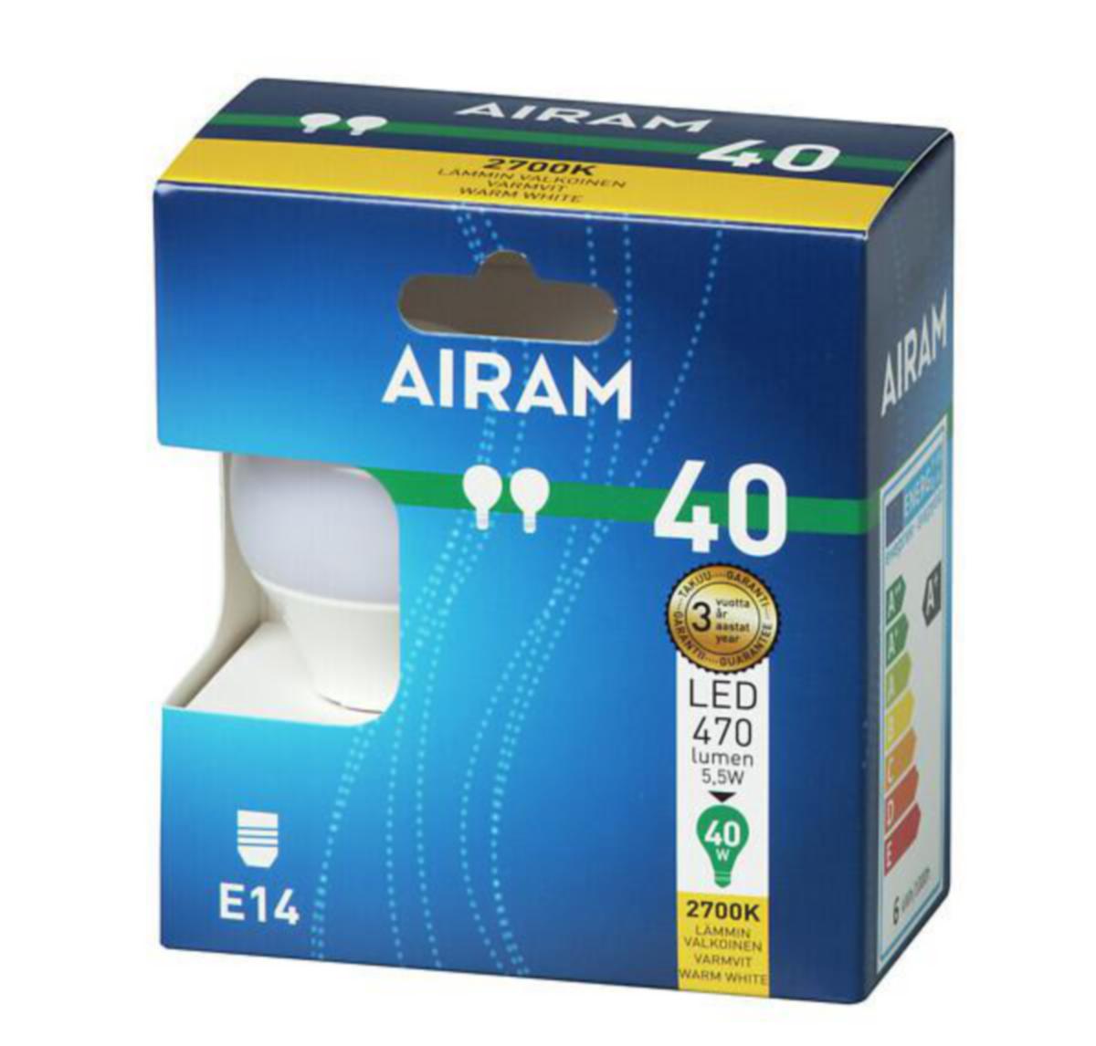 Pienkupulamppu Airam Led OP45 pahvipakkaus - PIENKUPULAMPPU AIRAM LED P45 827 470lm E14 OP 2BX