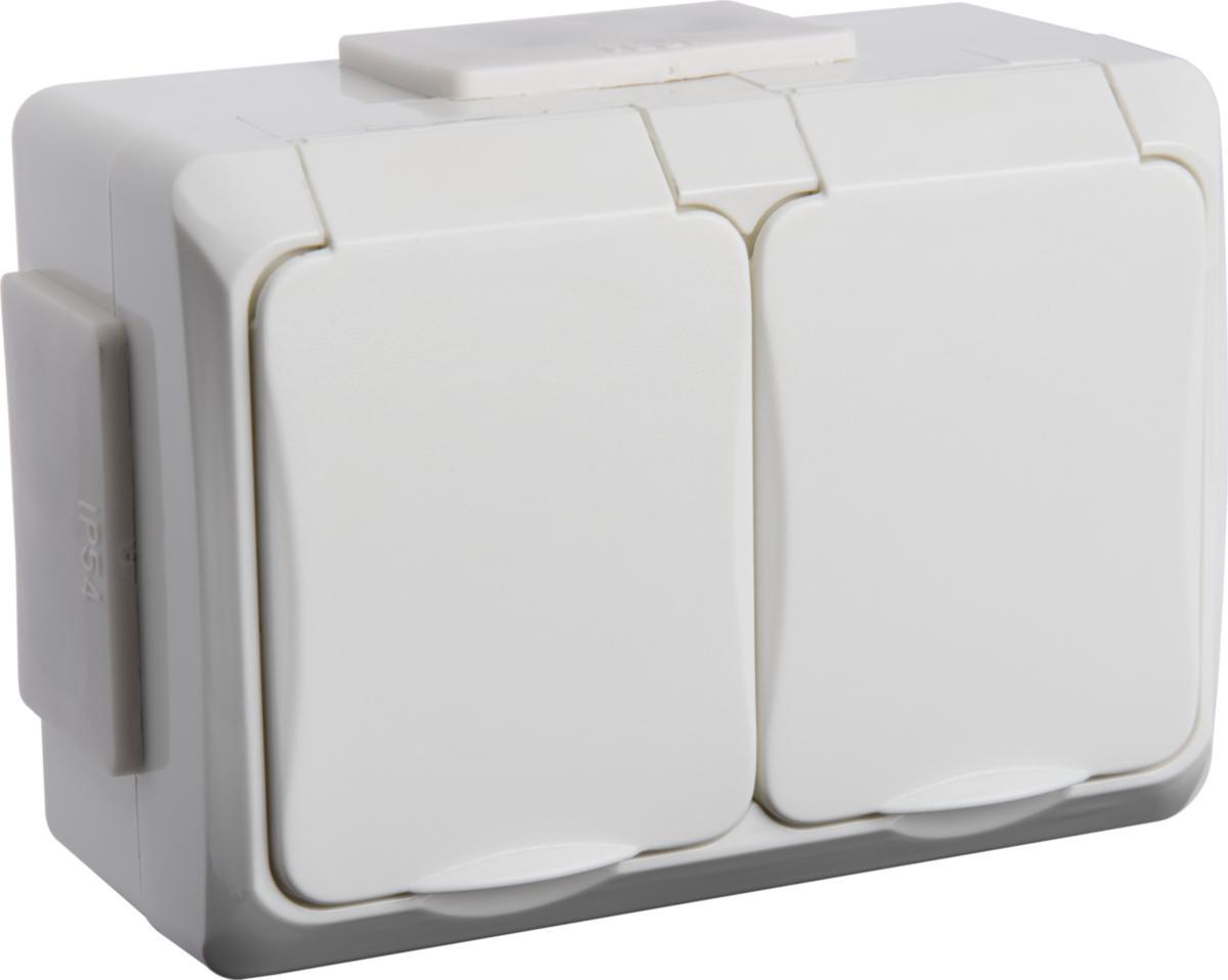 Seinäpistorasia, koteloitu, pinnallinen, maadoitettu, IP44 - PISTORASIA 2-OS ATIA IP44 VALKOINEN PINTA-ASENNETTAVA