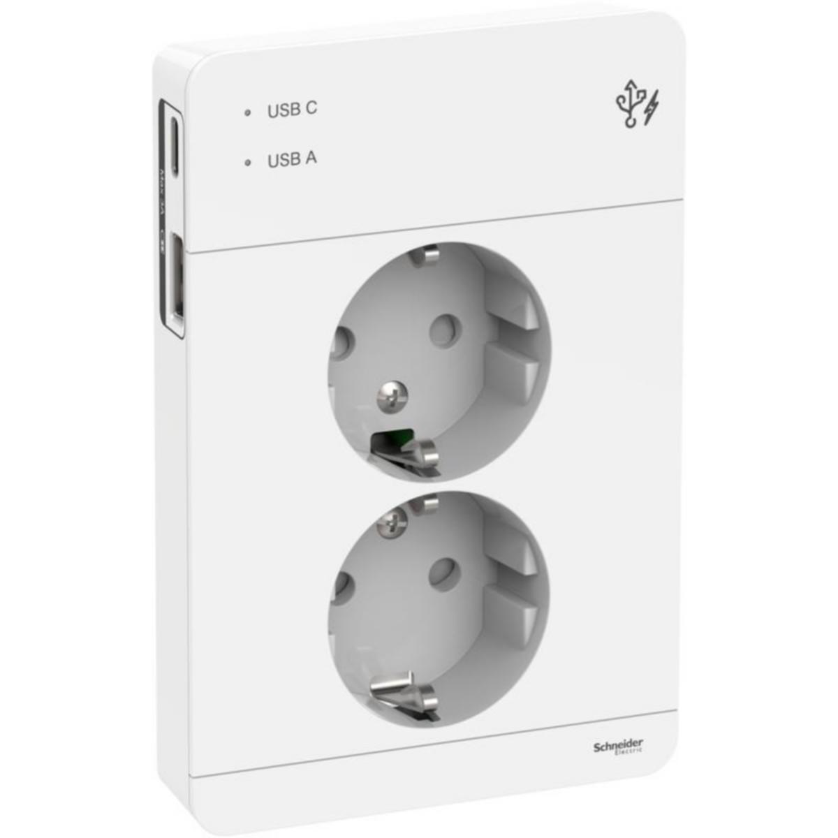 Pistorasia Schneider Electric Exxact 2-osainen + 2 x USB kokopeitelevyllä - PISTORASIA + USB EXXACT 2-PR + 2X USB LAT. A+C 3A VAL