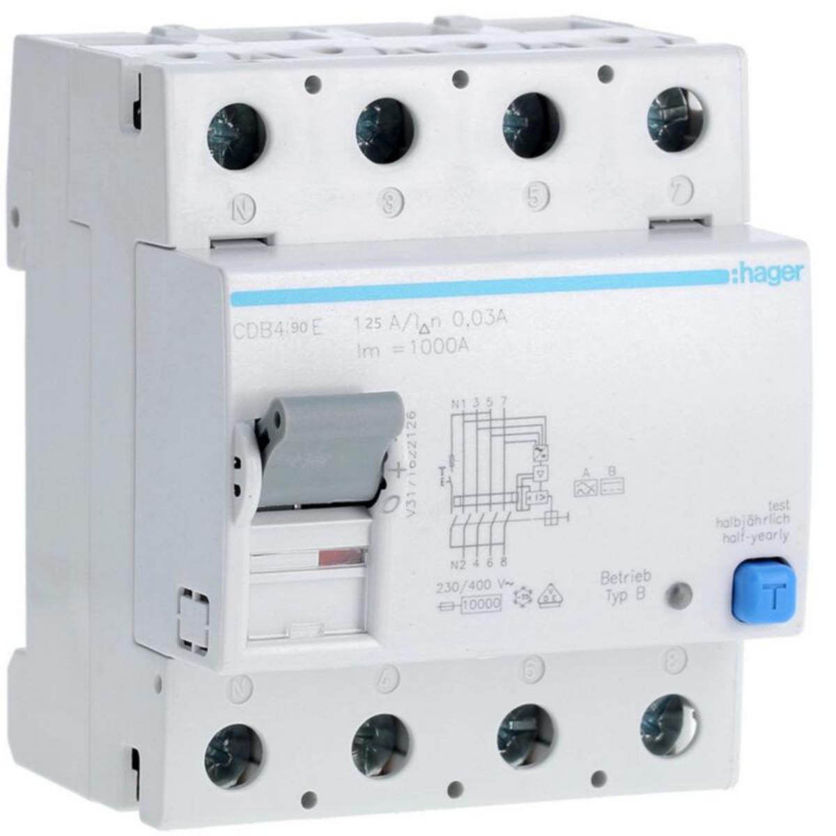 Vikavirtasuojakytkin Hager - VIKAVIRTASUOJAKYTKIN HAGER CDB490E 30MA B/4X125A 10KA