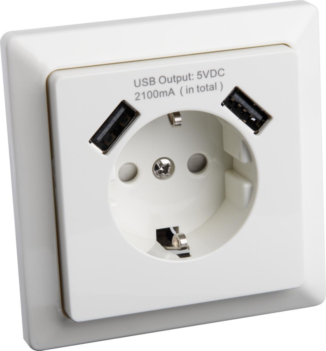 Seinäpistorasia, upotettava, maadoitettu (suko), 1-haar., 2 x USB 5VDC 2,1A, IP20 - SEINÄPISTORASIA 1-OS UPPO VALK 2XUSB 5V2.1A MAADOITETTU ATIA