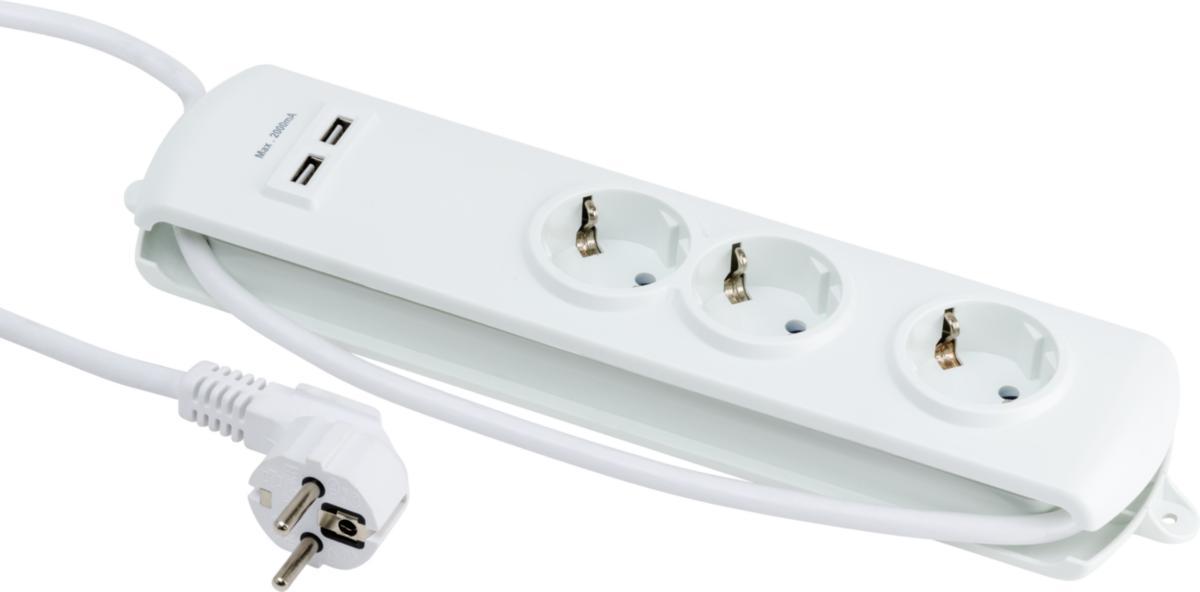 Jatkojohto, 3-osainen Schuko + 2xUSB, maadoitettu - SISÄJATKOJOHTO 3XSCHUKO 2XUSB 1.5M