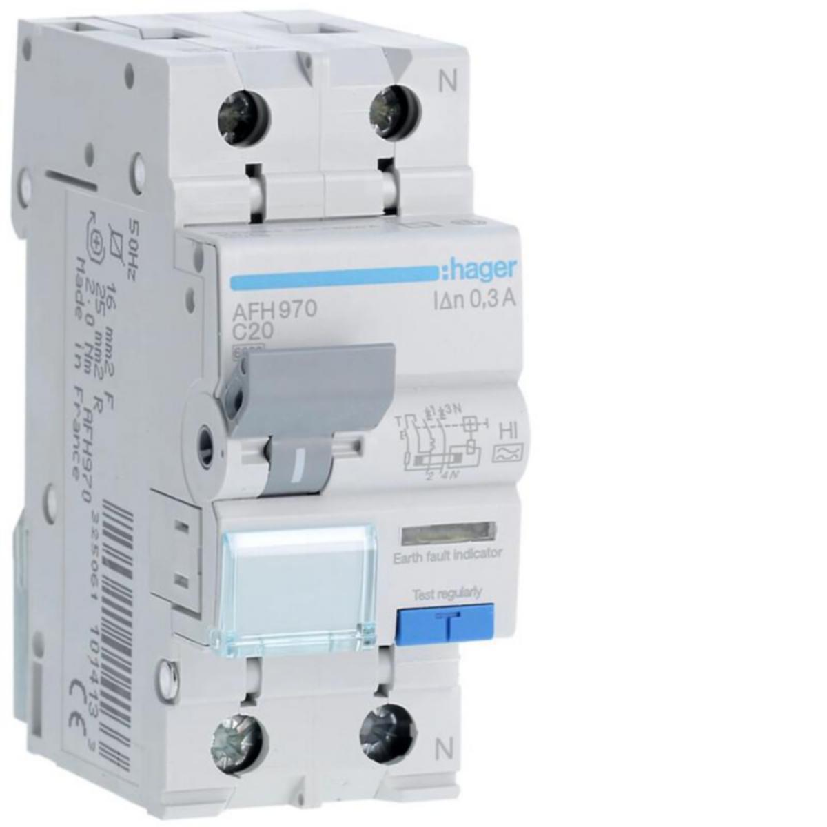 Vikavirtajohdonsuojakatkaisija Hager C-käyrä 300mA - VIKAVIRTAJOHDONSUOJAKATK.HAGER AFH970 2X20A 300MA A-HI C-KÄY